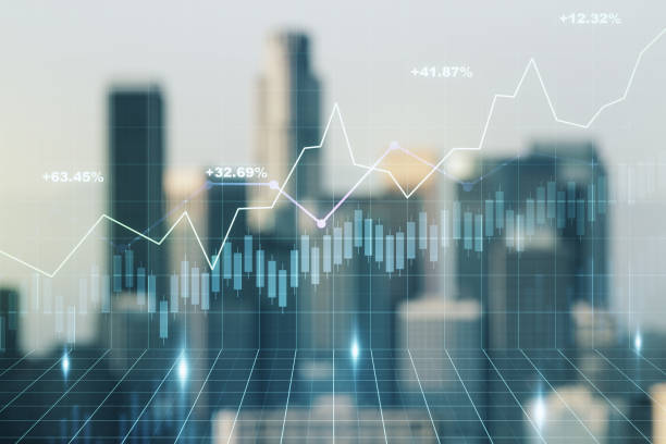 istock Multi exposure of virtual abstract financial graph interface on blurry skyscrapers background, financial and trading concept 1394904783