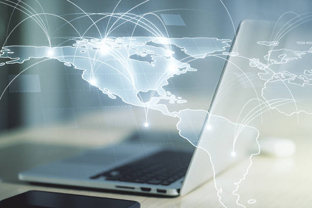 istock Double exposure of abstract digital world map with connections on computer background, big data and blockchain concept 1394905047