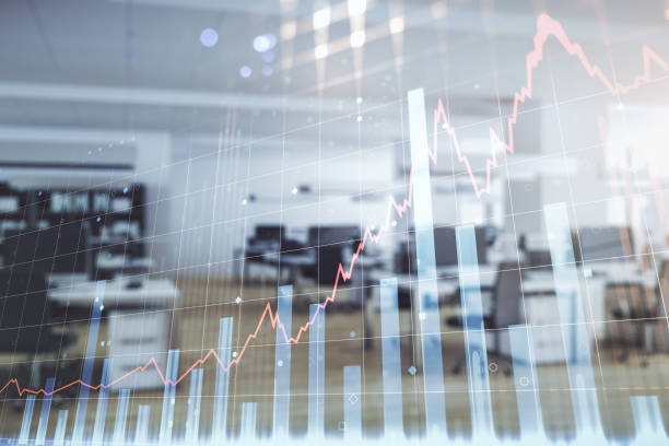istock Double exposure of abstract creative financial chart hologram on modern corporate office background, research and strategy concept 1394905143