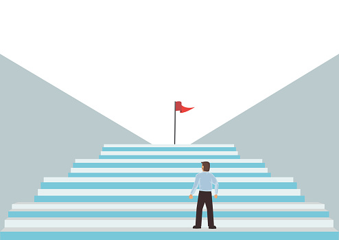 Businessman walking up the stairs towards a red flag pole. Business success concept. Red flag blows wind on a pole. Vector illustration