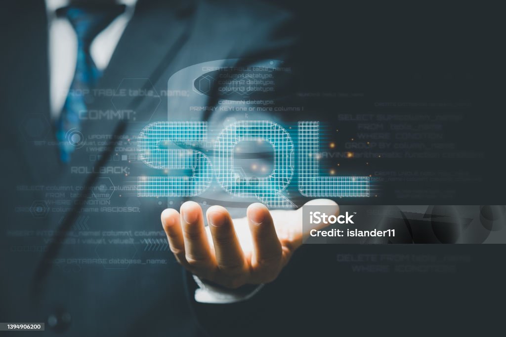 Businessman Hand Showing Sql Word And Sql Code On Background Stock ...