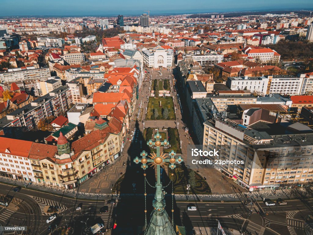 Drone view over Timisoara city View over cathedral towards city of Timisoara and Opera House Romania Stock Photo