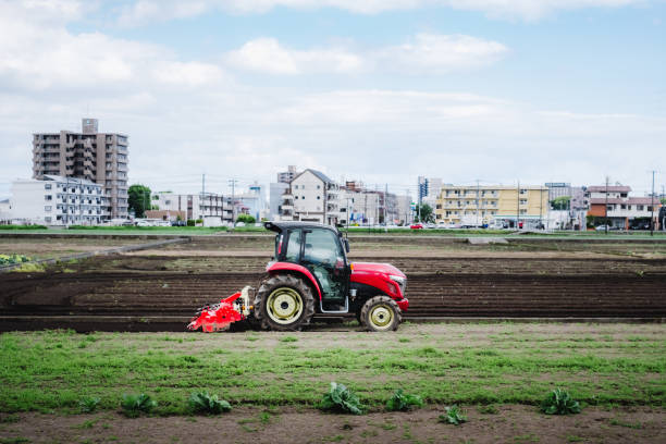 agricultor japonés arando un campo con un tractor rojo - rice rice paddy farm agriculture fotografías e imágenes de stock
