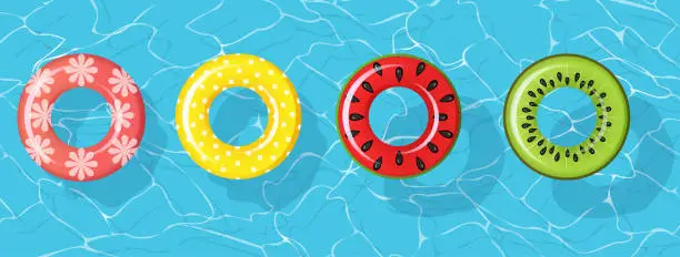 Vector illustration of Swim rings set for summer party. Inflatable rubber toy colorful collection. Top view swimming circle for ocean, sea, pool. Lifebyou swimming rings. Summer vacation or trip safety. Watermelon, kiwi
