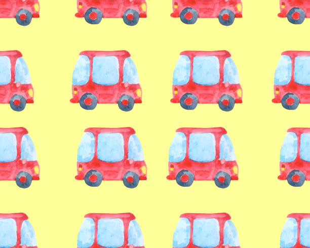 istock Seamless pattern with a red little car. Watercolor background for textile design, wallpaper, packaging or baby bedding. 1394909377
