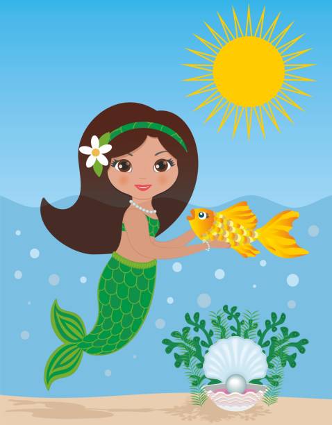ilustrações de stock, clip art, desenhos animados e ícones de cute mermaid with goldfish in her hand. in the sand together with corals a shell with big pearl. vector illustration. - freshwater pearl