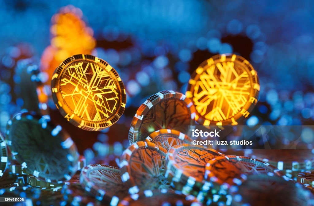 High-tech non fungible token NFTs Large group of futuristic and conceptual NFT, non fungible tokens in a large glowing pile. Cryptocurrency Stock Photo