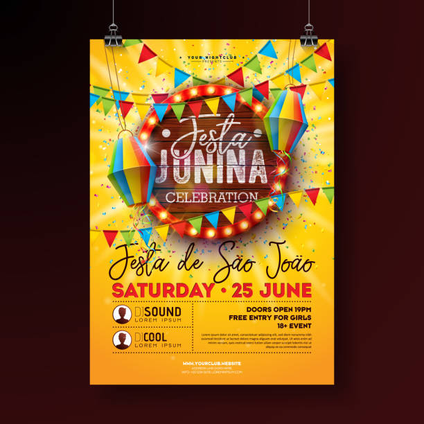 ilustraciones, imágenes clip art, dibujos animados e iconos de stock de festa junina party flyer ilustración con linterna de papel y cartelera de bombilla retro con fondo de textura de madera. vector brasil junio sao joao festival diseño para invitación o cartel de celebración navideña. - food wood blue vibrant color