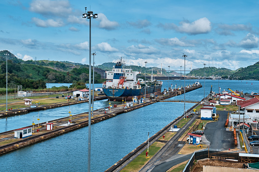 Panama City, Republic of Panama - January 16, 2022: The ship passes the Panama Canal.