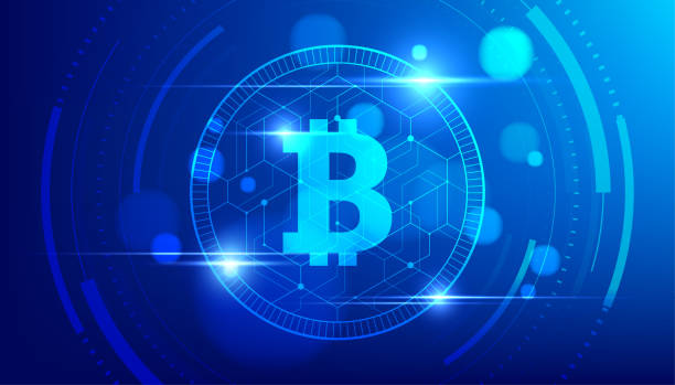 istock Futuristic digital money with logo bitcoin digital currency on blue background. 1394911941