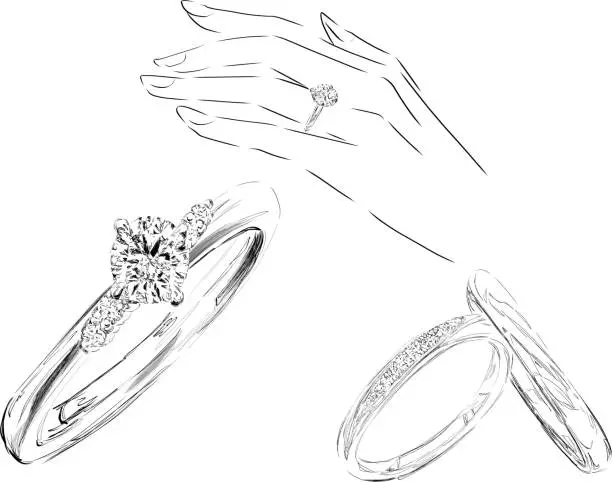 Vector illustration of Engagement ring wedding ring line art