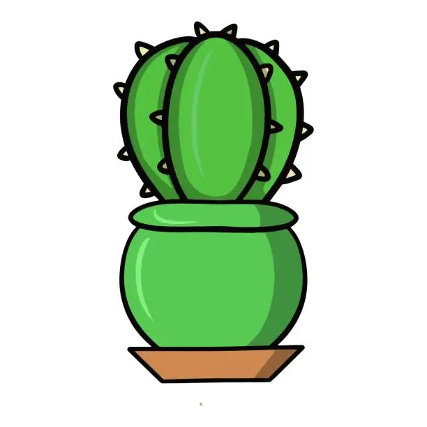 Vector illustration of Cartoon round green prickly cactus in a bright green ceramic pot, vector illustration