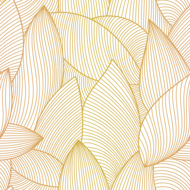 векторный золотистый роскошный бесшовный узор, оставляет фон. линия бананового листа линия искусств, нарисованный вручную контурный дизай - foliate pattern stock illustrations