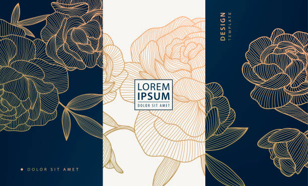 vector artdeco luxury flower line pattern, golden background. hand drawn peonies for packaging, social media post, cover, banner, creative post and wall arts - 奢侈 插圖 幅插畫檔、美工圖案、卡通及圖標
