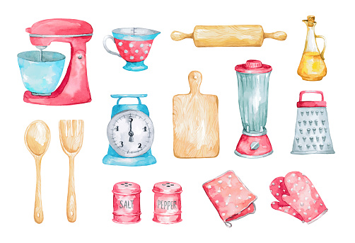 Set of watercolor retro kitchen utensils