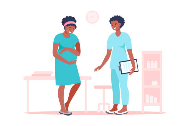 ilustrações de stock, clip art, desenhos animados e ícones de black woman pregnant with doctor in hospital medical office examination during pregnancy. - africana gravida