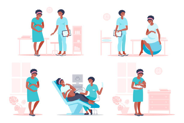 illustrations, cliparts, dessins animés et icônes de femme enceinte noire visitant un médecin pour examen, échographie, préparation à l’accouchement. - prenatal care