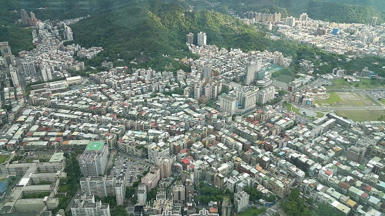 The aerial view of Downtown Taipei taken from the observation deck of skyscraper Taipei 101.