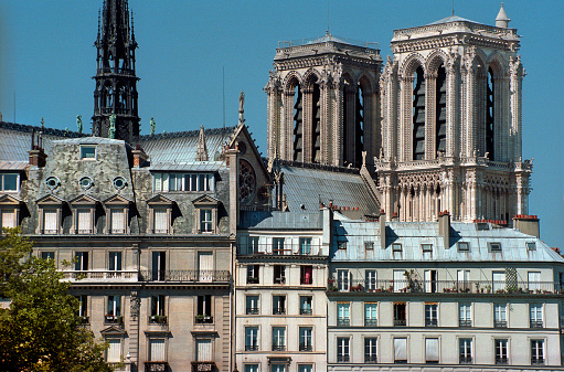 Notre-Dame Cathedrale's bell towers viewed from quai de Bourbon on île Saint-Louis