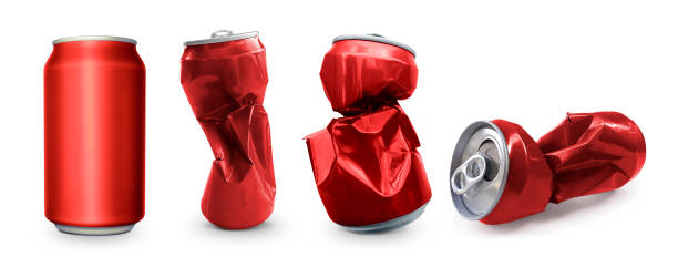 latas comprimidas isoladas em um fundo branco - crushed can soda drink can - fotografias e filmes do acervo