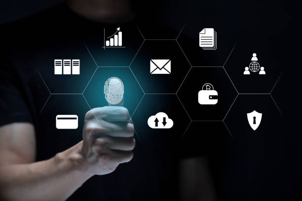 istock Person touching virtual screen to scan fingerprints, digital transformation management concept. Internet of Things, Big Data and Business Processes, Automation, Storage Systems, Cloud Computing 1394922666