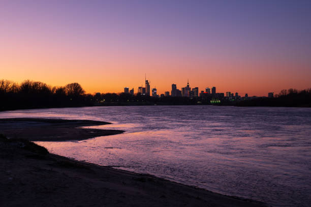 River view of Warsaw city at twilight in Poland