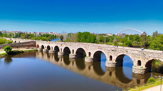 Roman bridge over Guadiana river, Merida, Badajoz province, Extremadura, Spain