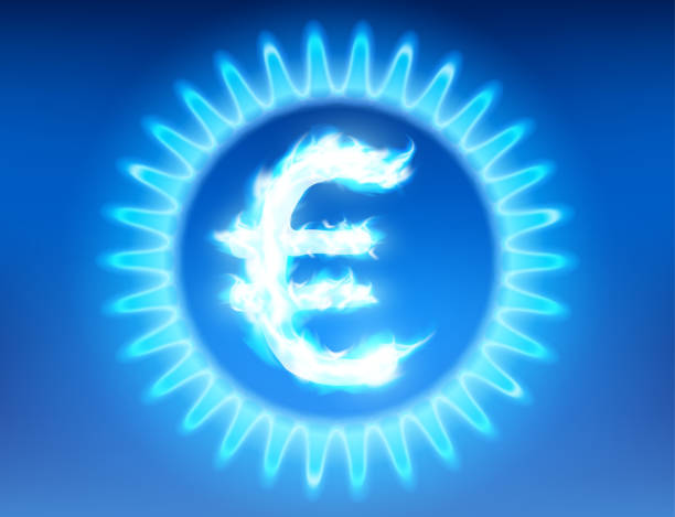 stockillustraties, clipart, cartoons en iconen met euro currency symbol burns with a blue flame inside a gas stove. - nordstream