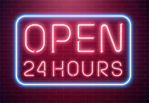 Bar open light Neon Sign. Night store red glowing letters . Open 24