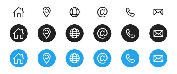 набор веб-иконок. иконки веб-сайтов. имя, телефон, мобильный телефон, местоположение, место, почта, факс, веб. свяжитесь с нами, информация, об� - достопримечательность stock illustrations