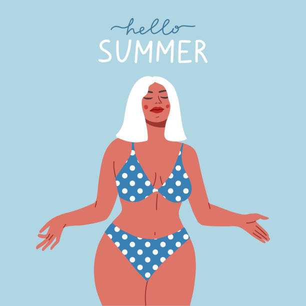 istock Body positive woman wearing swimsuit. Hello summer lettering. 1394929330