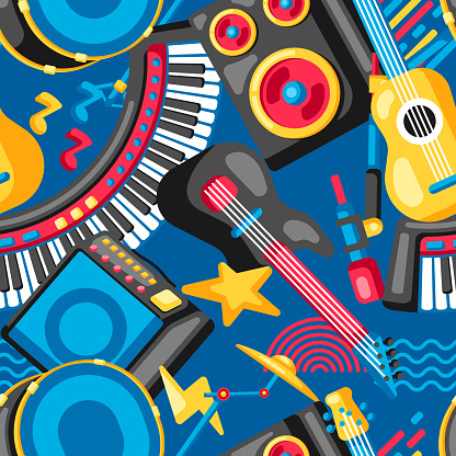 Seamless pattern with musical instruments. Music party or festival background.