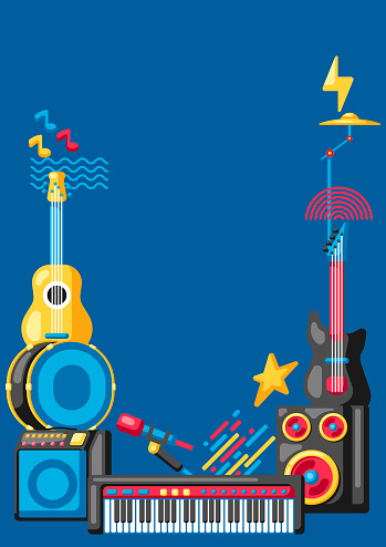 Background with musical instruments. Music party or festival illustration.
