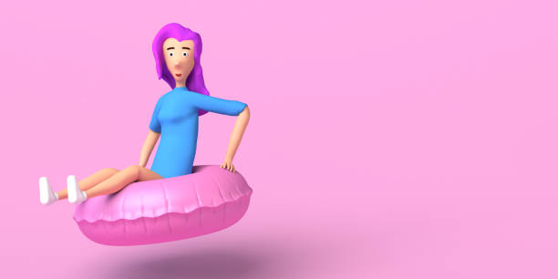 istock Young woman with inflatable ring float. Summer concept. Copy space. 3D illustration. 1394930181
