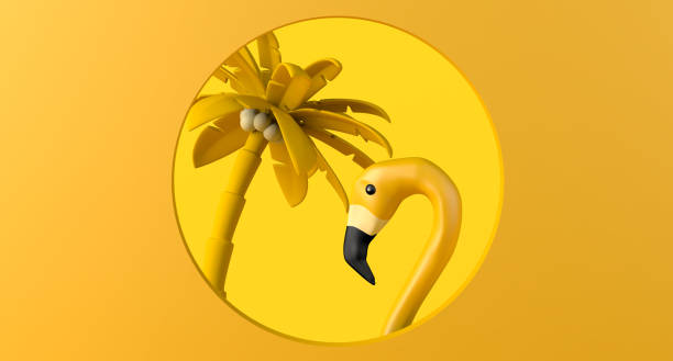 istock Tropical palm tree and flamingo background with circular frame. Copy space. 3D illustration. 1394930225