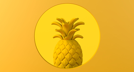 Pineapple background with circular frame. Copy space. 3D illustration.