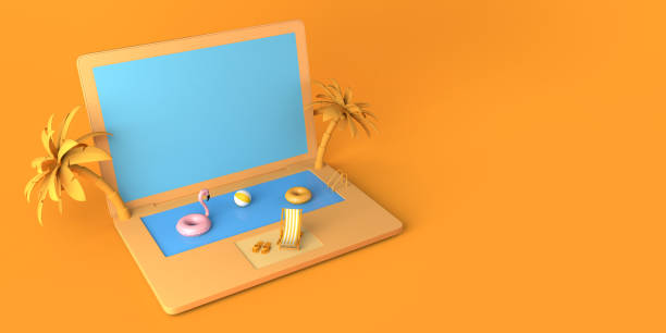 istock Summer vacation concept with laptop and pool. Online vacation booking. Copy space. 3D illustration. 1394930232