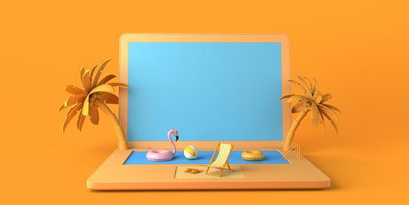 Summer vacation concept with laptop and pool. Online vacation booking. Copy space. 3D illustration.