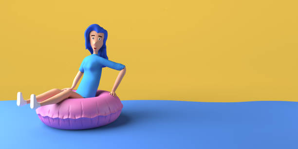 istock Young woman with inflatable ring float. Summer concept. Copy space. 3D illustration. 1394930319