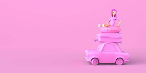 istock Summer vacation concept with car, suitcase and woman sitting on inflatable ring float. Copy space. 3D illustration. 1394930339