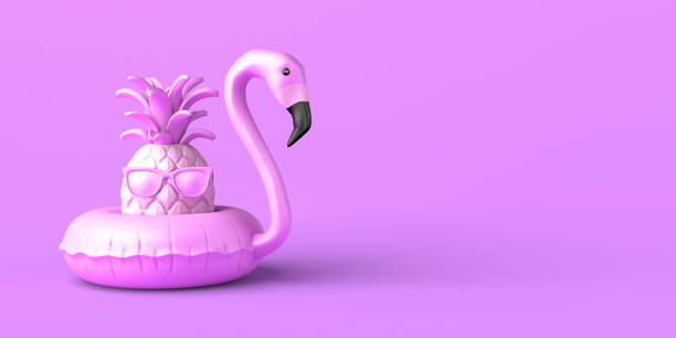 istock Summer concept with pineapple with sunglasses and inflatable flamingo float. Copy space. 3D illustration. 1394930345