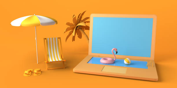 istock Summer vacation concept with laptop and pool. Online vacation booking. Copy space. 3D illustration. 1394930401