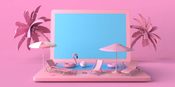 istock Summer vacation concept with laptop and pool. Online vacation booking. Copy space. 3D illustration. 1394930402