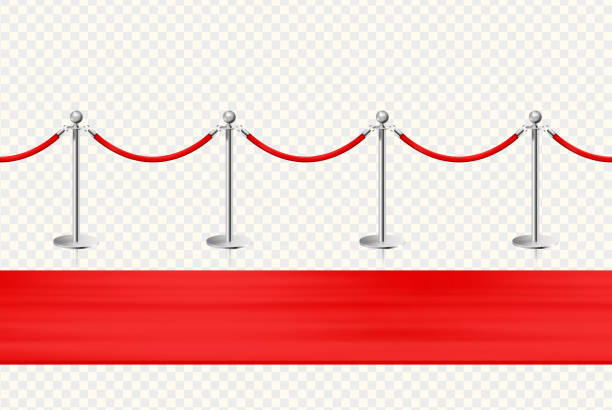 roter teppich und silberne barrieren vor der tür. realistischer isolierter zaun auf transparentem hintergrund. vektorillustration. - private cinema stock-grafiken, -clipart, -cartoons und -symbole