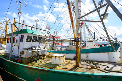 Een vissersboot ligt aangemeerd in de haven van Whitianga. Op de achtergrond de baai en het bergachtige achterland van Whitianga.