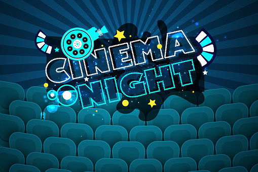 Movie night concept with popcorn, cinema tickets, drink, tape in cartoon style. Movie or cinema banner design. Vector movie promotional illustration