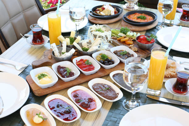 colazione assortita in stile turco - non alcoholic beverage comfort food snack dining table foto e immagini stock