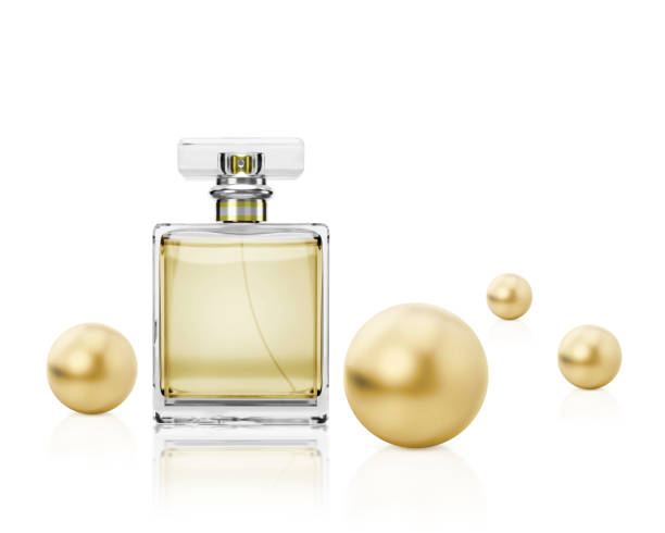parfümflasche auf weißem grund. 3d-rendering - golden cap stock-fotos und bilder
