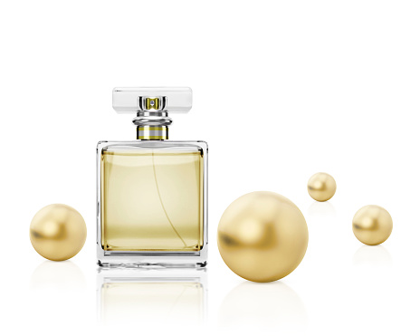 Three perfume bottles floating against white background. Clipping path