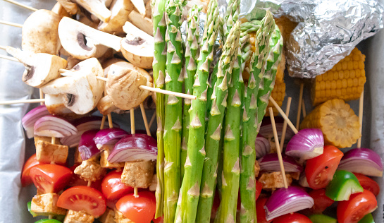 Tofu, Vegetable kebab, Asparagus, Mushroom, Vegan food